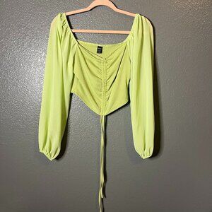 Shein Size M Lime Green Ruched Tie-Front Sheer Sleeve Crop Top